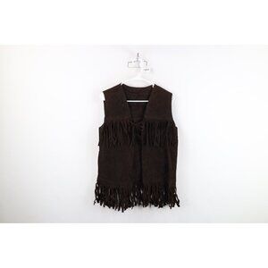Vintage 60s 70s Boho Chic Womens Large Distressed Fringed Suede Leather Vest USA